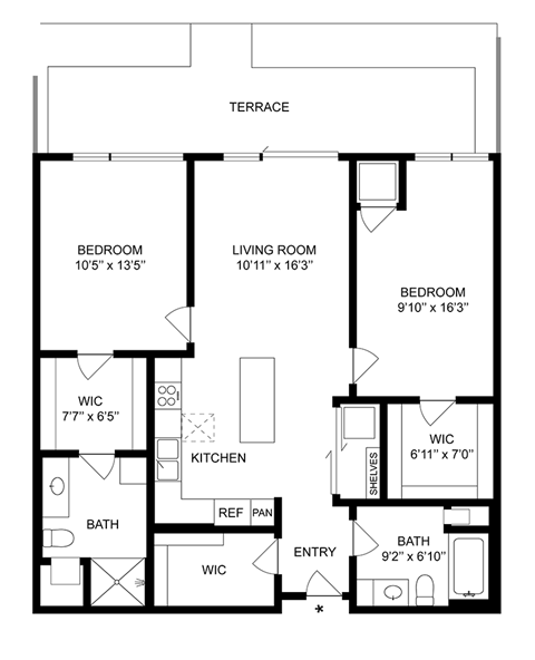 Floor plan for 2 beds, 2 baths, 1080 sqft